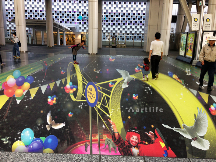 Jr大阪駅 時空の広場14サーカス アートライフ 3dトリックアート エイジング塗装 天井画 壁画制作 ブラックライト Frp 立体看板などの制作